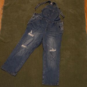 Blue Denim Overalls with Distressed Details